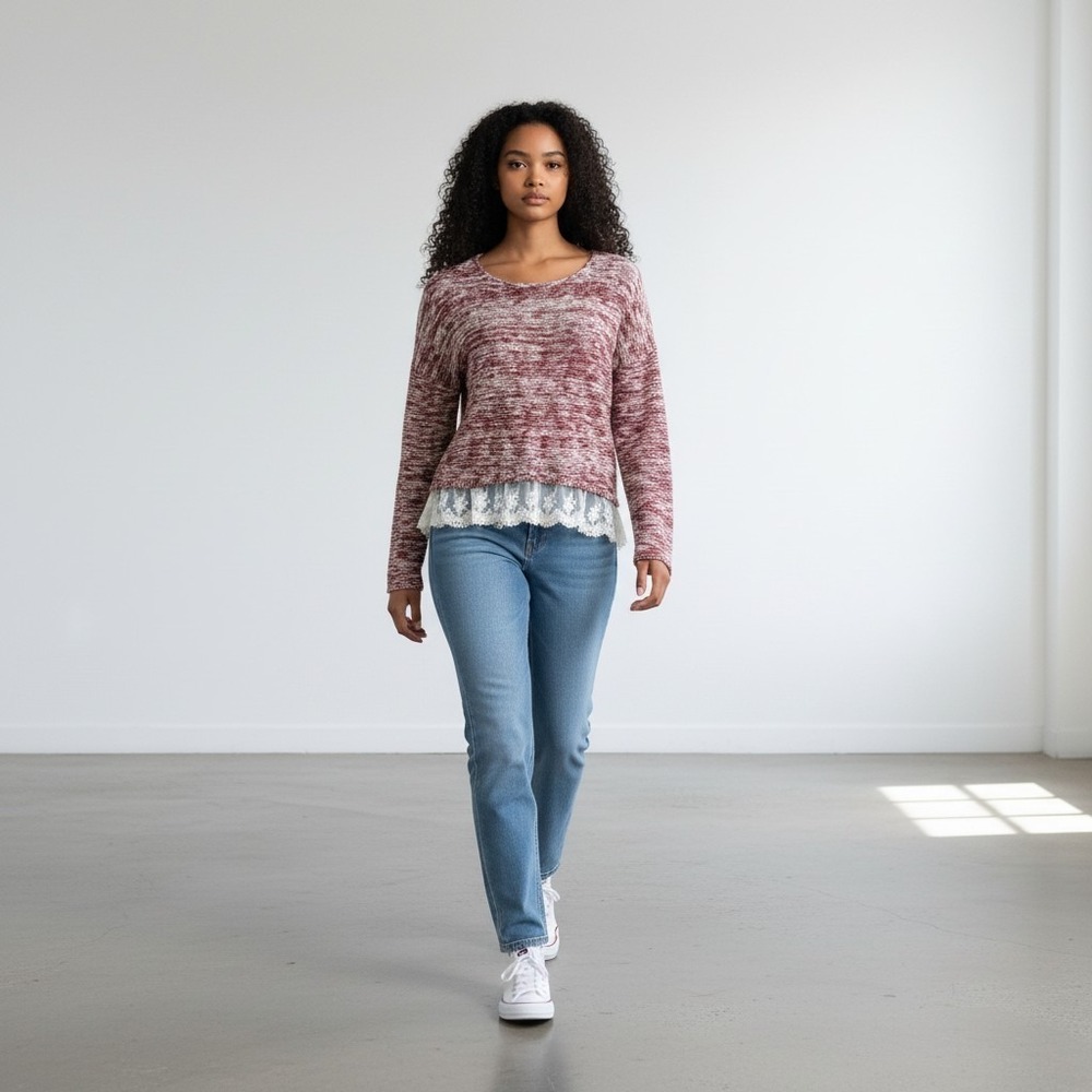 Rewind Womens Largeโ Peekaboo Lace Boho Cottage Core Burgundy And Cream Sweater